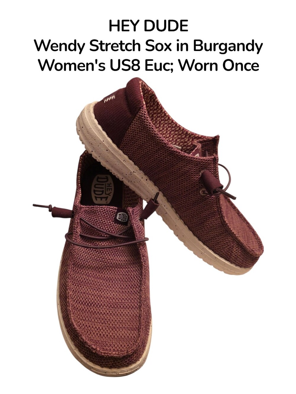 Hey Dude Wendy Stretch Sox Slip-Ons in Burgundy with Cream Sole Women's  US8 EUC